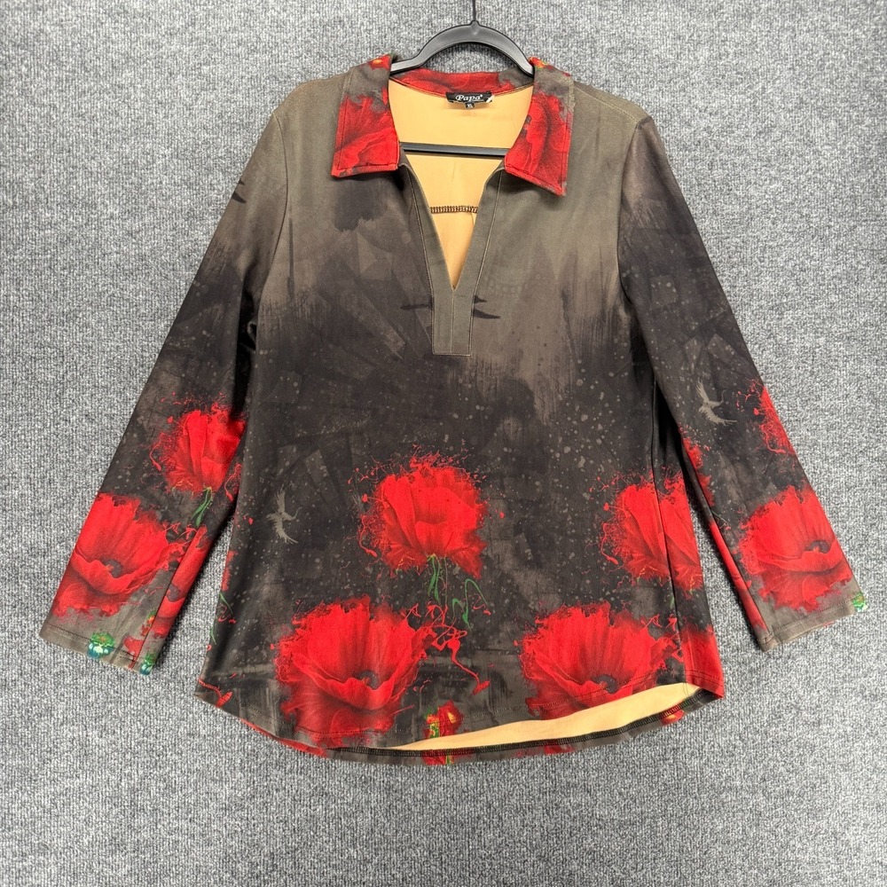Papa Bloues Top Womens XL Faux Suede Floral Popover V-Neck Long Sleeve Casual